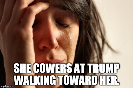 First World Problems | SHE COWERS AT TRUMP WALKING TOWARD HER. | image tagged in memes,first world problems | made w/ Imgflip meme maker