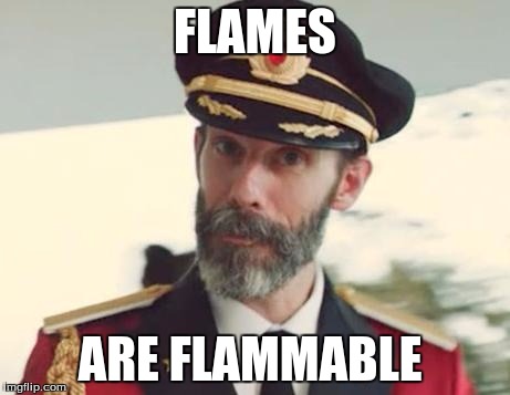 Thanks Captain | FLAMES; ARE FLAMMABLE | image tagged in captain obvious | made w/ Imgflip meme maker