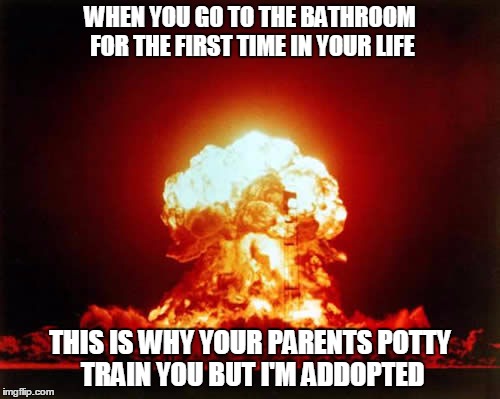 Nuclear Explosion Meme | WHEN YOU GO TO THE BATHROOM FOR THE FIRST TIME IN YOUR LIFE; THIS IS WHY YOUR PARENTS POTTY TRAIN YOU BUT I'M ADDOPTED | image tagged in memes,nuclear explosion | made w/ Imgflip meme maker