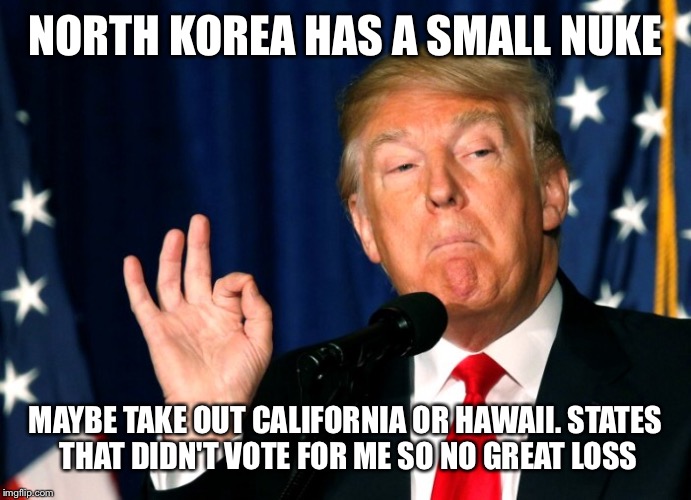 NORTH KOREA HAS A SMALL NUKE MAYBE TAKE OUT CALIFORNIA OR HAWAII. STATES THAT DIDN'T VOTE FOR ME SO NO GREAT LOSS | made w/ Imgflip meme maker