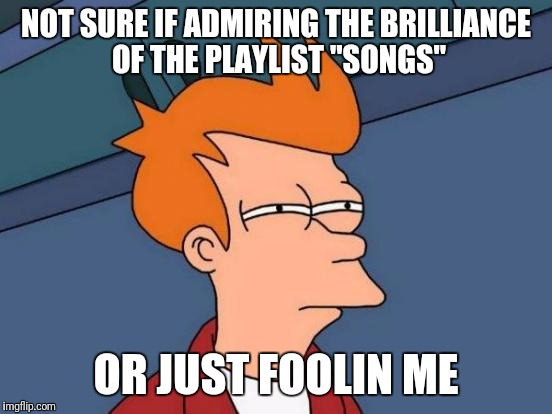 Futurama Fry Meme | NOT SURE IF ADMIRING THE BRILLIANCE OF THE PLAYLIST "SONGS"; OR JUST FOOLIN ME | image tagged in memes,futurama fry | made w/ Imgflip meme maker