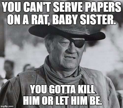 John Wayne as Rooster Cogburn | YOU CAN'T SERVE PAPERS ON A RAT, BABY SISTER. YOU GOTTA KILL HIM OR LET HIM BE. | image tagged in john wayne as rooster cogburn | made w/ Imgflip meme maker