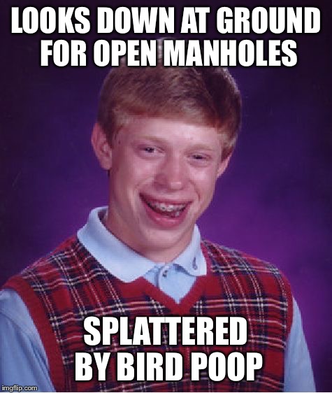 Bad Luck Brian Meme | LOOKS DOWN AT GROUND FOR OPEN MANHOLES SPLATTERED BY BIRD POOP | image tagged in memes,bad luck brian | made w/ Imgflip meme maker