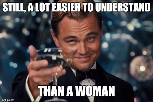 Leonardo Dicaprio Cheers Meme | STILL, A LOT EASIER TO UNDERSTAND THAN A WOMAN | image tagged in memes,leonardo dicaprio cheers | made w/ Imgflip meme maker