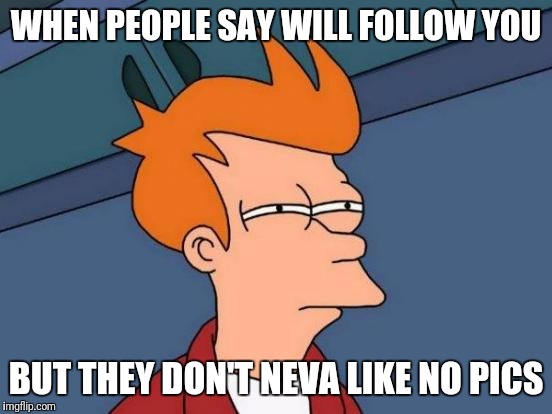 Futurama Fry Meme | WHEN PEOPLE SAY WILL FOLLOW YOU; BUT THEY DON'T NEVA LIKE NO PICS | image tagged in memes,futurama fry | made w/ Imgflip meme maker