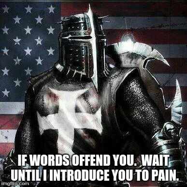Mrrican Crusader Knight guy  | IF WORDS OFFEND YOU.  WAIT UNTIL I INTRODUCE YOU TO PAIN. | image tagged in mrrican crusader knight guy | made w/ Imgflip meme maker