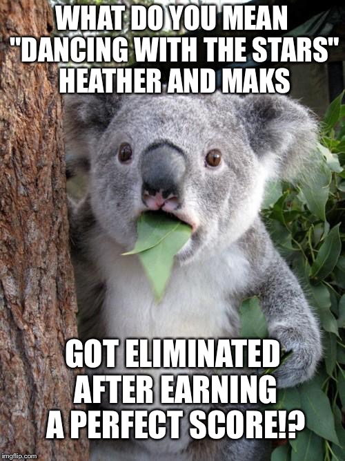 Heather and Mais Eliminated With Perfect Score - DWTS | WHAT DO YOU MEAN "DANCING WITH THE STARS" HEATHER AND MAKS; GOT ELIMINATED AFTER EARNING A PERFECT SCORE!? | image tagged in memes,surprised koala,dwts,rigged election,dirty dancing | made w/ Imgflip meme maker
