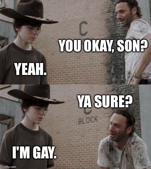 Rick and Carl Meme | YOU OKAY, SON? YEAH. YA SURE? I'M GAY. | image tagged in memes,rick and carl | made w/ Imgflip meme maker