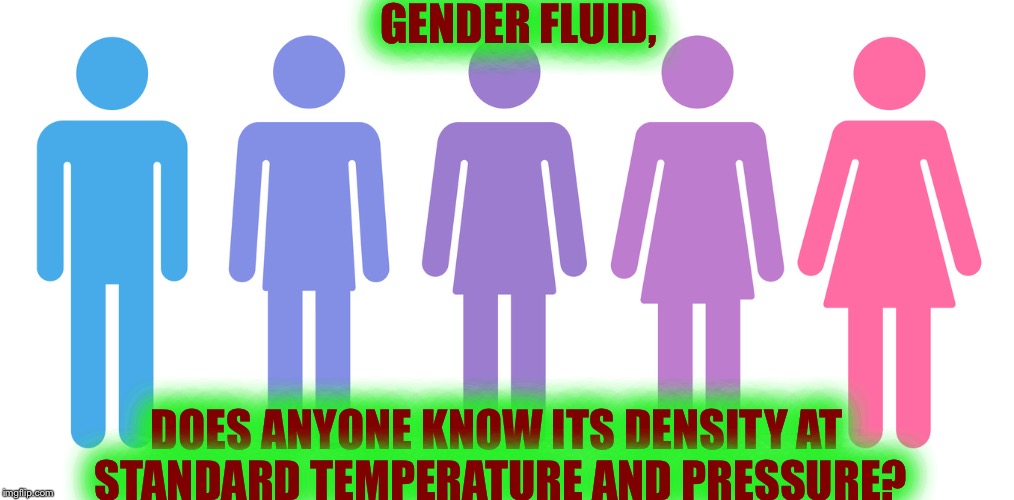 A Question about Gender Fluid | GENDER FLUID, DOES ANYONE KNOW ITS DENSITY AT STANDARD TEMPERATURE AND PRESSURE? | image tagged in gender fluid,memes,meme | made w/ Imgflip meme maker
