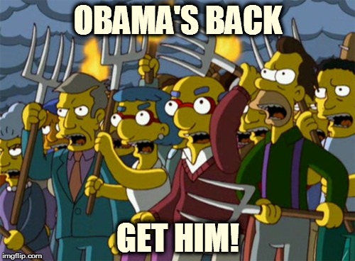 Simpsons Mob | OBAMA'S BACK; GET HIM! | image tagged in simpsons mob | made w/ Imgflip meme maker