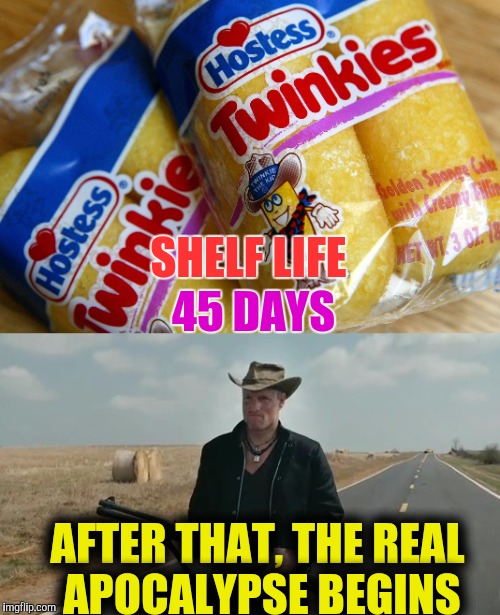 Twinkies  | 45 DAYS; SHELF LIFE; AFTER THAT, THE REAL APOCALYPSE BEGINS | image tagged in radiation zombie week,zombie week,zombie apocalypse,zombieland,zombies,zombie | made w/ Imgflip meme maker