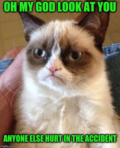 Grumpy Cat Meme | OH MY GOD LOOK AT YOU; ANYONE ELSE HURT IN THE ACCIDENT | image tagged in memes,grumpy cat | made w/ Imgflip meme maker