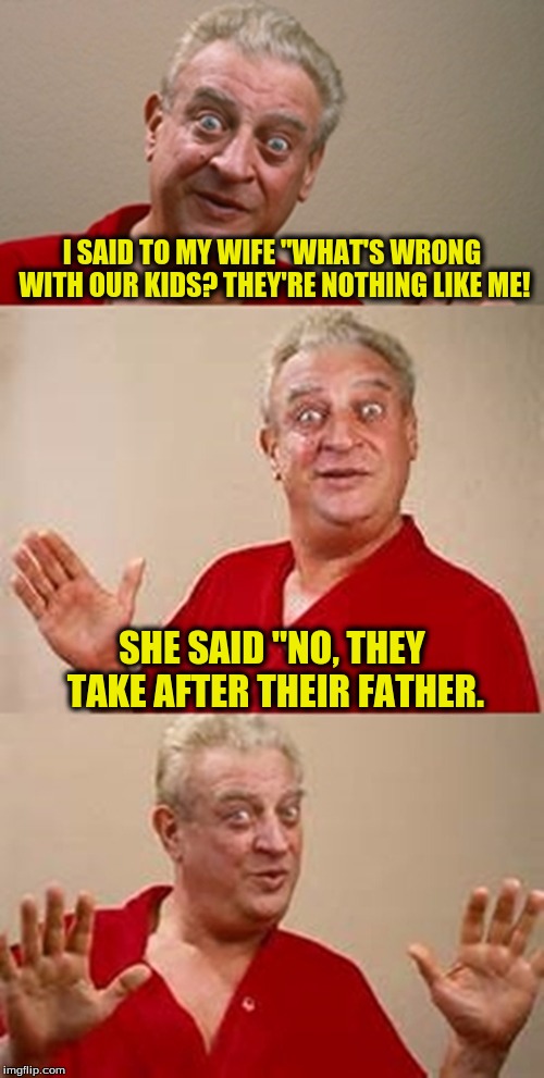 bad pun Dangerfield  | I SAID TO MY WIFE "WHAT'S WRONG WITH OUR KIDS? THEY'RE NOTHING LIKE ME! SHE SAID "NO, THEY TAKE AFTER THEIR FATHER. | image tagged in bad pun dangerfield | made w/ Imgflip meme maker