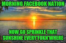Morning fb nation | MORNING FACEBOOK NATION; NOW GO SPRINKLE THAT SUNSHINE EVERY'FUKN'WHERE | image tagged in facebook,morning,sunshine | made w/ Imgflip meme maker