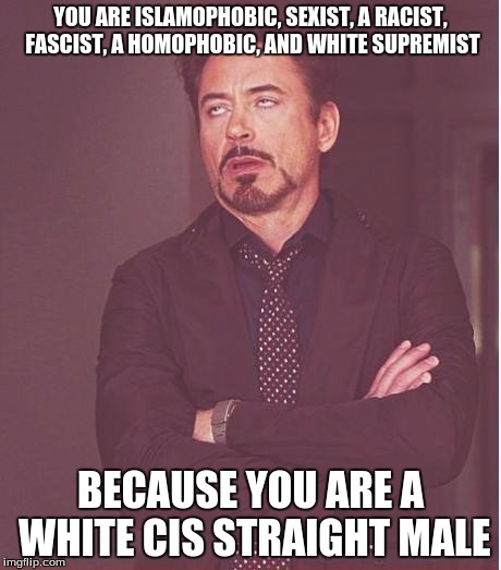 Face You Make Robert Downey Jr | YOU ARE ISLAMOPHOBIC, SEXIST, A RACIST, FASCIST, A HOMOPHOBIC, AND WHITE SUPREMIST; BECAUSE YOU ARE A WHITE CIS STRAIGHT MALE | image tagged in memes,face you make robert downey jr | made w/ Imgflip meme maker