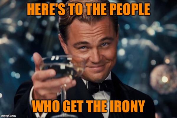 Leonardo Dicaprio Cheers Meme | HERE'S TO THE PEOPLE WHO GET THE IRONY | image tagged in memes,leonardo dicaprio cheers | made w/ Imgflip meme maker