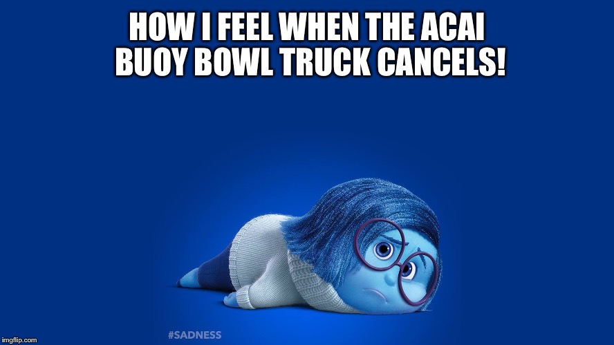 Inside Out Sadness | HOW I FEEL WHEN THE ACAI BUOY BOWL TRUCK CANCELS! | image tagged in inside out sadness | made w/ Imgflip meme maker