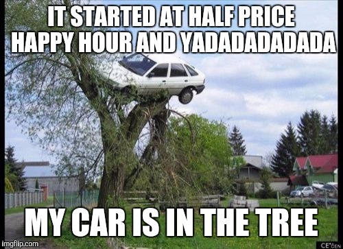 Secure Parking | IT STARTED AT HALF PRICE HAPPY HOUR AND YADADADADADA; MY CAR IS IN THE TREE | image tagged in memes,secure parking | made w/ Imgflip meme maker