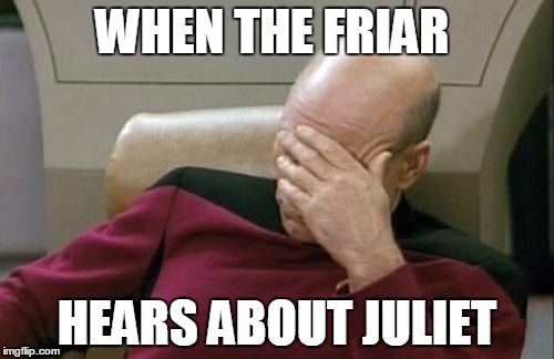 Captain Picard Facepalm | WHEN THE FRIAR; HEARS ABOUT JULIET | image tagged in memes,captain picard facepalm | made w/ Imgflip meme maker