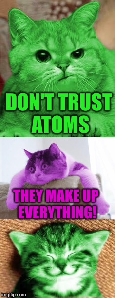 Bad Pun RayCat | DON'T TRUST ATOMS; THEY MAKE UP EVERYTHING! | image tagged in memes,bad pun raycat | made w/ Imgflip meme maker
