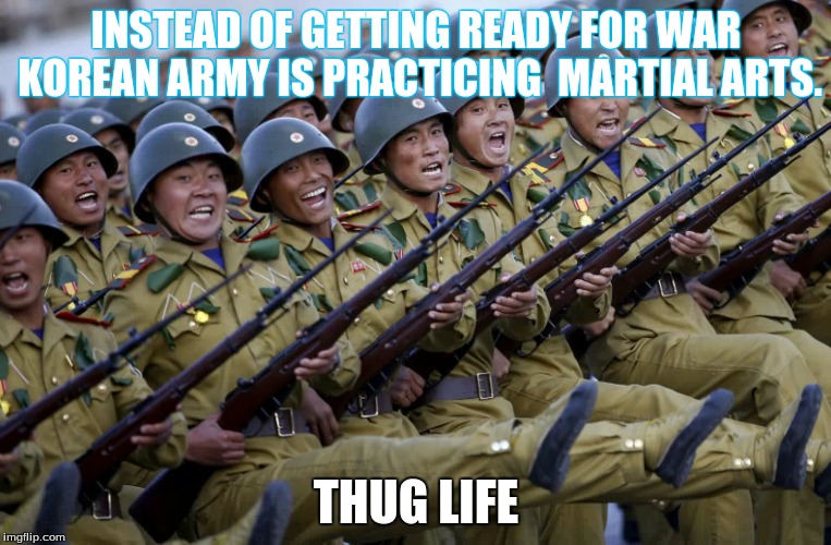 Korean army | INSTEAD OF GETTING READY FOR WAR KOREAN ARMY IS PRACTICING  MARTIAL ARTS. THUG LIFE | image tagged in army | made w/ Imgflip meme maker