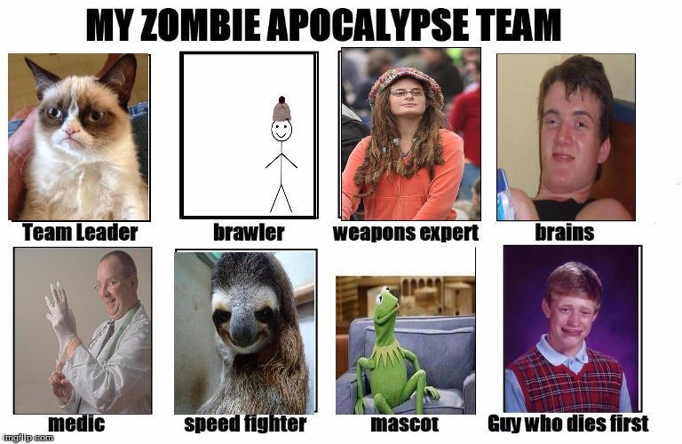 who else wants to join? | image tagged in my zombie apocalypse team,radiation zombie week,zombies,bad luck brian | made w/ Imgflip meme maker