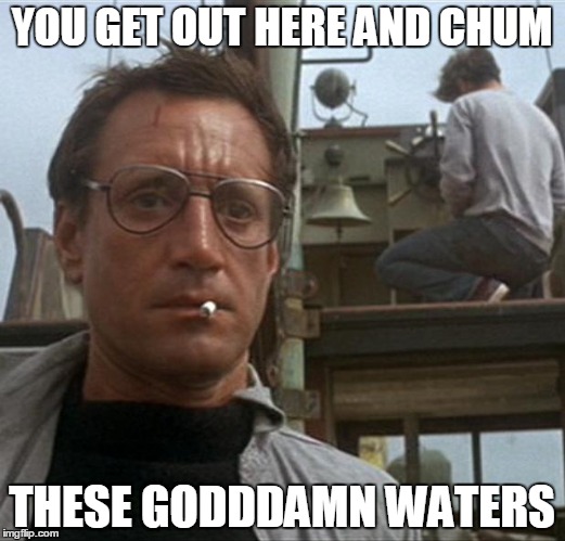 jaws | YOU GET OUT HERE AND CHUM; THESE GODDDAMN WATERS | image tagged in jaws | made w/ Imgflip meme maker