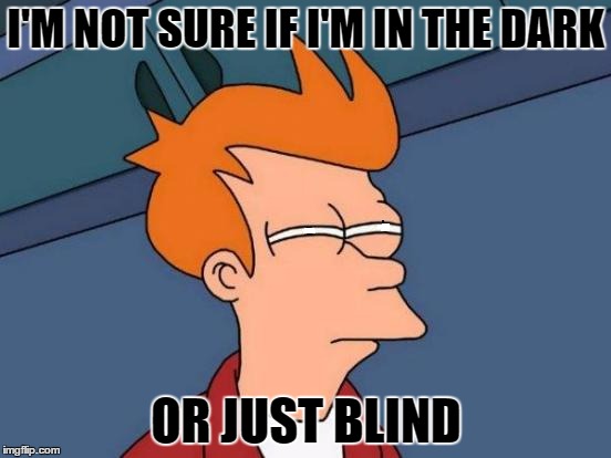 Futurama Fry | I'M NOT SURE IF I'M IN THE DARK; OR JUST BLIND | image tagged in memes,futurama fry | made w/ Imgflip meme maker