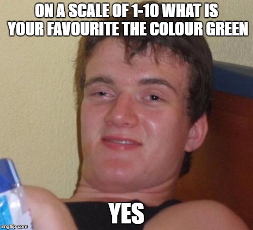 10 Guy | ON A SCALE OF 1-10 WHAT IS YOUR FAVOURITE THE COLOUR GREEN; YES | image tagged in memes,10 guy | made w/ Imgflip meme maker