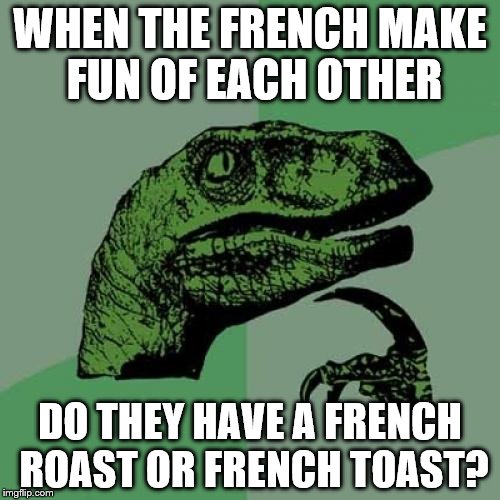 Philosoraptor Meme | WHEN THE FRENCH MAKE FUN OF EACH OTHER; DO THEY HAVE A FRENCH ROAST OR FRENCH TOAST? | image tagged in memes,philosoraptor | made w/ Imgflip meme maker