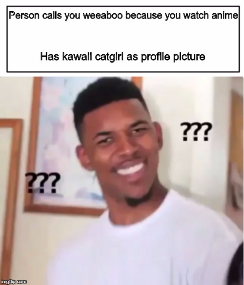 Weebs am I right? | Person calls you weeaboo because you watch anime; Has kawaii catgirl as profile picture | image tagged in weeaboo,anime,confused black guy,confused,funny,weebs | made w/ Imgflip meme maker