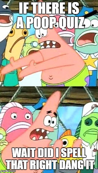 Put It Somewhere Else Patrick Meme | IF THERE IS A POOP QUIZ WAIT DID I SPELL THAT RIGHT DANG IT | image tagged in memes,put it somewhere else patrick | made w/ Imgflip meme maker