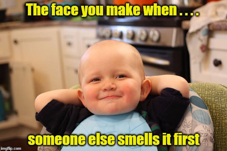 Baby Boss Relaxed Smug Content | The face you make when . . . . someone else smells it first | image tagged in baby boss relaxed smug content | made w/ Imgflip meme maker