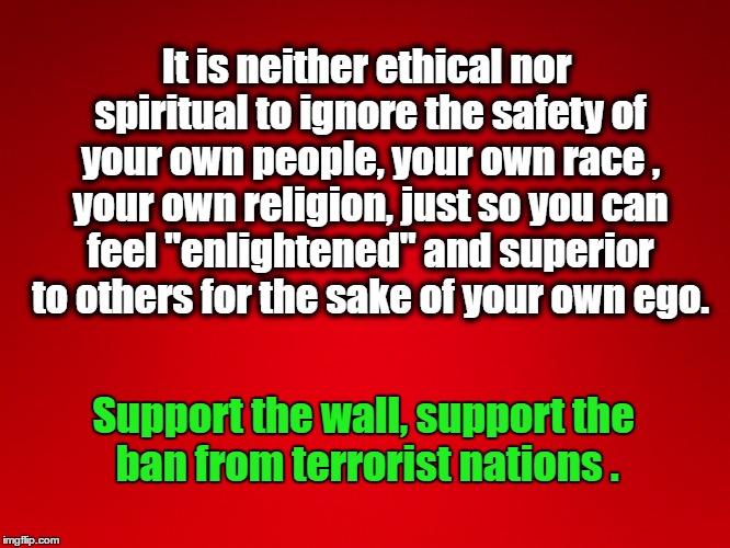 National Pride | It is neither ethical nor spiritual to ignore the safety of your own people, your own race , your own religion, just so you can feel "enlightened" and superior to others for the sake of your own ego. Support the wall, support the ban from terrorist nations . | image tagged in trump,wall,travel ban,patriotism | made w/ Imgflip meme maker