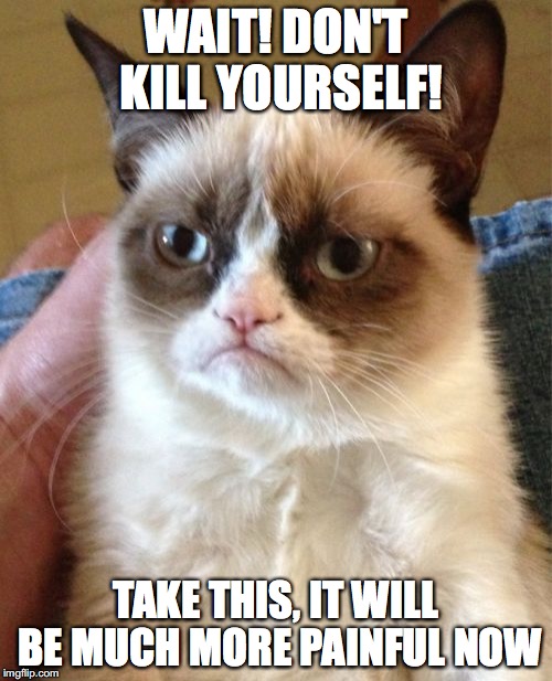 Grumpy Cat | WAIT! DON'T KILL YOURSELF! TAKE THIS, IT WILL BE MUCH MORE PAINFUL NOW | image tagged in memes,grumpy cat | made w/ Imgflip meme maker