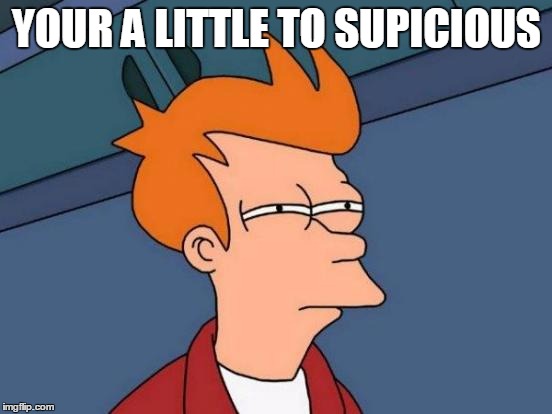 Futurama Fry | YOUR A LITTLE TO SUPICIOUS | image tagged in memes,futurama fry | made w/ Imgflip meme maker