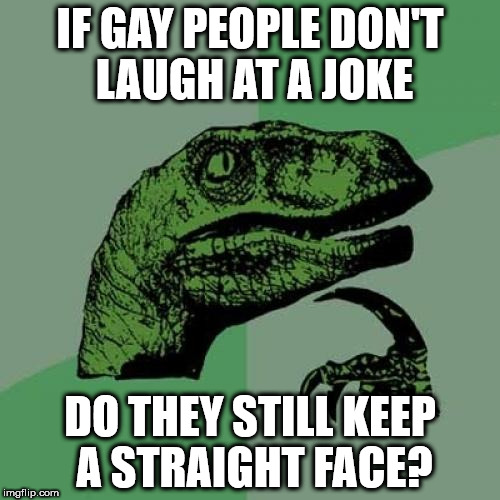 The s**t you come up with when you're bored af | IF GAY PEOPLE DON'T LAUGH AT A JOKE; DO THEY STILL KEEP A STRAIGHT FACE? | image tagged in memes,philosoraptor | made w/ Imgflip meme maker