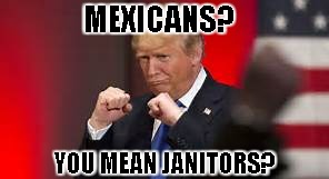 overly manly trump | MEXICANS? YOU MEAN JANITORS? | image tagged in overly manly man,demented donald trump,funnymemes,mexicans | made w/ Imgflip meme maker