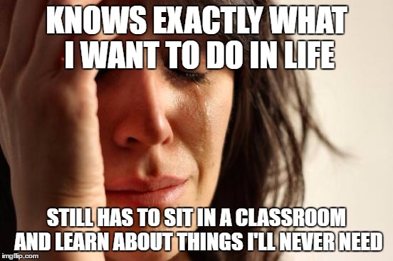 First World Problems Meme | KNOWS EXACTLY WHAT I WANT TO DO IN LIFE; STILL HAS TO SIT IN A CLASSROOM AND LEARN ABOUT THINGS I'LL NEVER NEED | image tagged in memes,first world problems | made w/ Imgflip meme maker