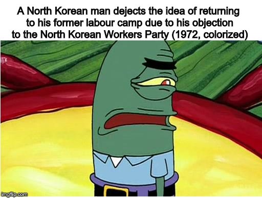 Plankton Ugh | A North Korean man dejects the idea of returning to his former labour camp due to his objection to the North Korean Workers Party (1972, colorized) | image tagged in plankton ugh | made w/ Imgflip meme maker
