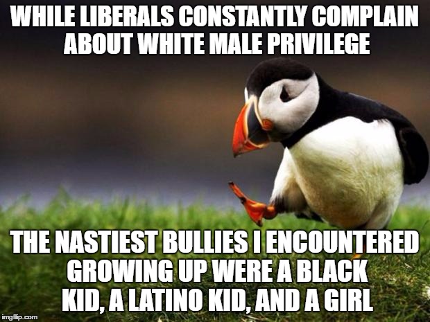 I was also physically threatened by my Spanish teacher in 10th grade | WHILE LIBERALS CONSTANTLY COMPLAIN ABOUT WHITE MALE PRIVILEGE; THE NASTIEST BULLIES I ENCOUNTERED GROWING UP WERE A BLACK KID, A LATINO KID, AND A GIRL | image tagged in memes,unpopular opinion puffin | made w/ Imgflip meme maker