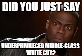 Are you serious? | DID YOU JUST SAY; UNDERPRIVILEGED MIDDLE-CLASS WHITE GUY? | image tagged in memes,kevin hart the hell,white privilege,white guy,say what,contradiction | made w/ Imgflip meme maker