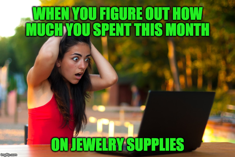 Shocked Laptop Girl | WHEN YOU FIGURE OUT HOW MUCH YOU SPENT THIS MONTH; ON JEWELRY SUPPLIES | image tagged in shocked laptop girl | made w/ Imgflip meme maker