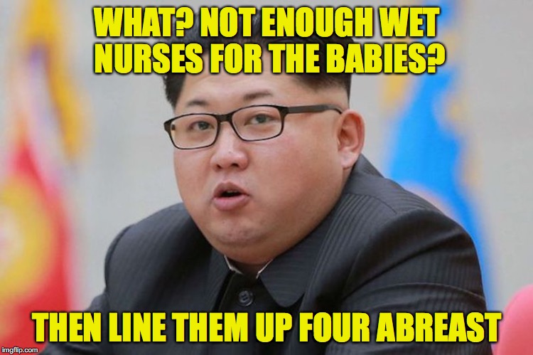 New Directive | WHAT? NOT ENOUGH WET NURSES FOR THE BABIES? THEN LINE THEM UP FOUR ABREAST | image tagged in breast feeding,kim jong un | made w/ Imgflip meme maker
