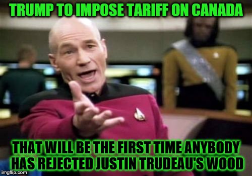 Picard Wtf Meme | TRUMP TO IMPOSE TARIFF ON CANADA; THAT WILL BE THE FIRST TIME ANYBODY HAS REJECTED JUSTIN TRUDEAU'S WOOD | image tagged in memes,picard wtf | made w/ Imgflip meme maker