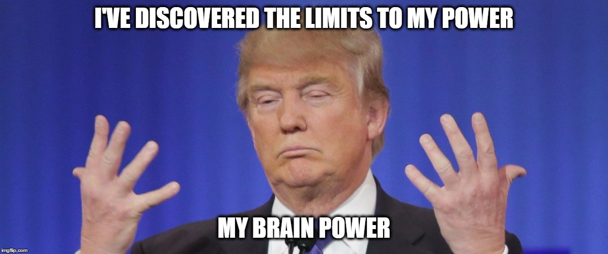 The Limits to Trump's Power | I'VE DISCOVERED THE LIMITS TO MY POWER; MY BRAIN POWER | image tagged in trump,notmypresident,resistance,wakeupamerica | made w/ Imgflip meme maker