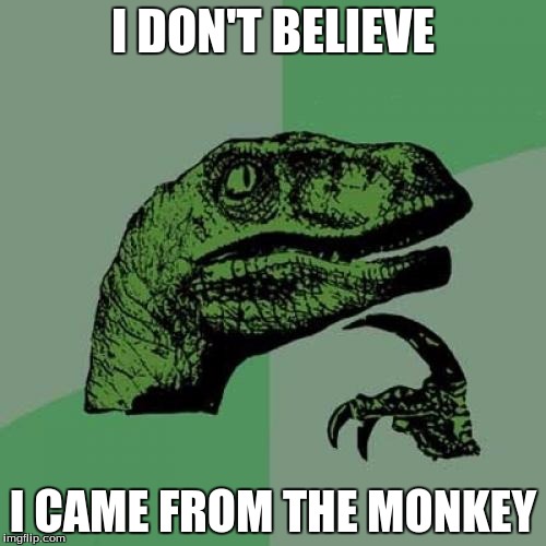 Philosoraptor | I DON'T BELIEVE; I CAME FROM THE MONKEY | image tagged in memes,philosoraptor | made w/ Imgflip meme maker