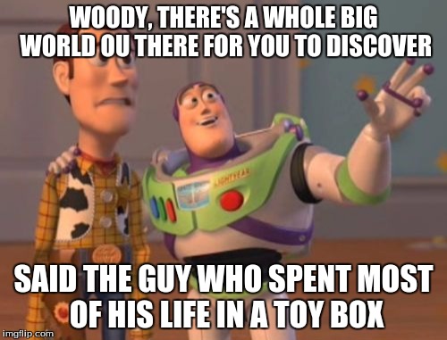 X, X Everywhere Meme | WOODY, THERE'S A WHOLE BIG WORLD OU THERE FOR YOU TO DISCOVER; SAID THE GUY WHO SPENT MOST OF HIS LIFE IN A TOY BOX | image tagged in memes,x x everywhere | made w/ Imgflip meme maker