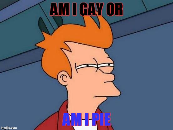 Futurama Fry | AM I GAY OR; AM I PIE | image tagged in memes,futurama fry | made w/ Imgflip meme maker