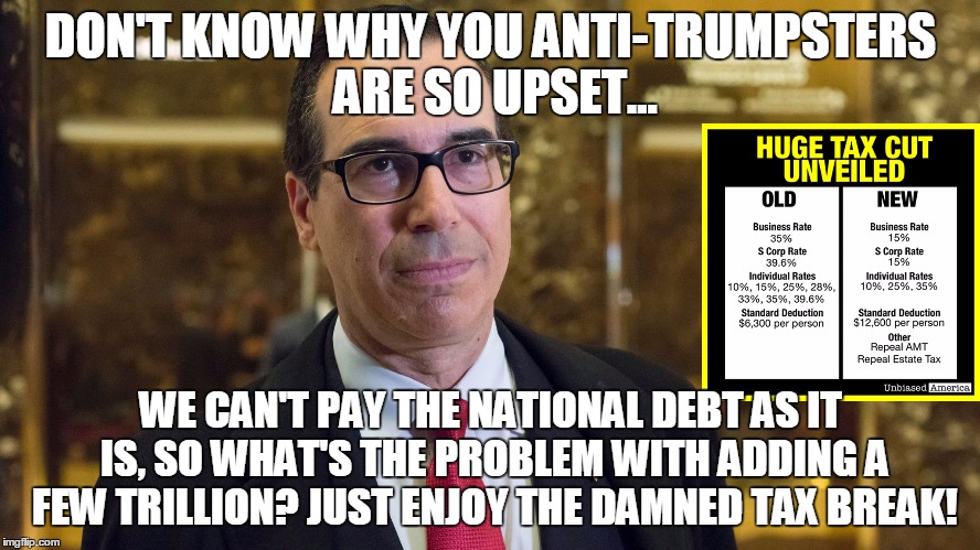 political | DON'T KNOW WHY YOU ANTI-TRUMPSTERS ARE SO UPSET... WE CAN'T PAY THE NATIONAL DEBT AS IT IS, SO WHAT'S THE PROBLEM WITH ADDING A FEW TRILLION? JUST ENJOY THE DAMNED TAX BREAK! | image tagged in budget cuts | made w/ Imgflip meme maker